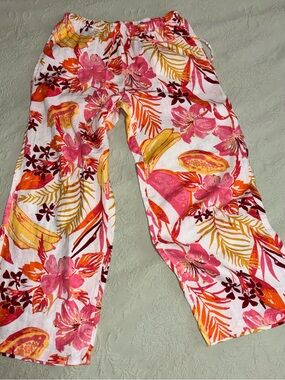 C&C California Pants Wide Floral Fruit Tropical Pull-On Linen Med